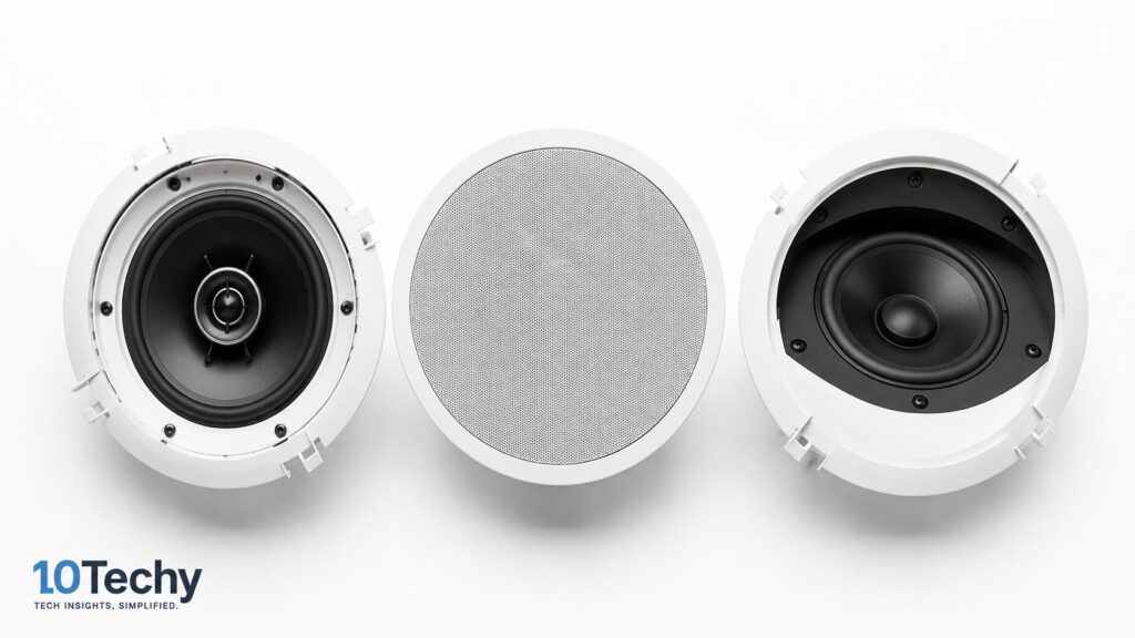 Three ceiling speakers on white surface showing different driver designs — best ceiling speakers 2026 comparison