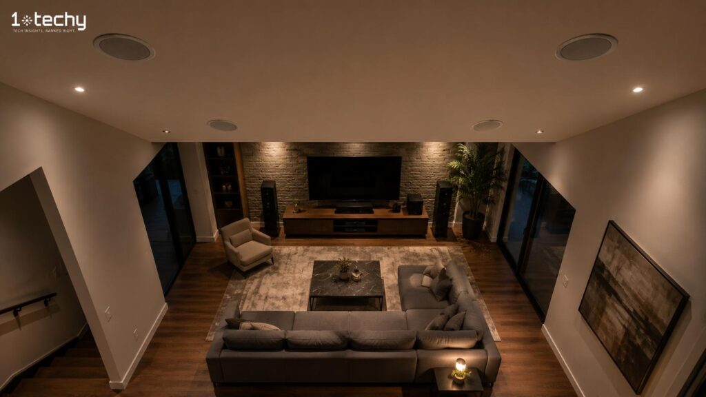 Modern living room with four ceiling speakers installed for Dolby Atmos 5.1.4 surround sound home theater setup