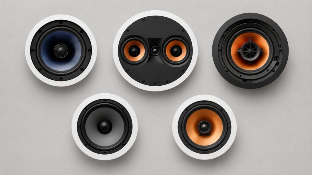 Five ceiling speakers side by side showing different driver configurations — ceiling speaker comparison 2026