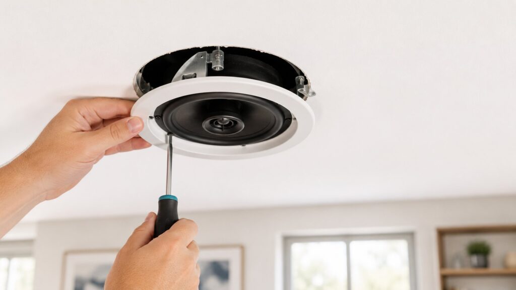Ceiling speaker installation into drywall ceiling, dog-ear clamp visible during mounting process