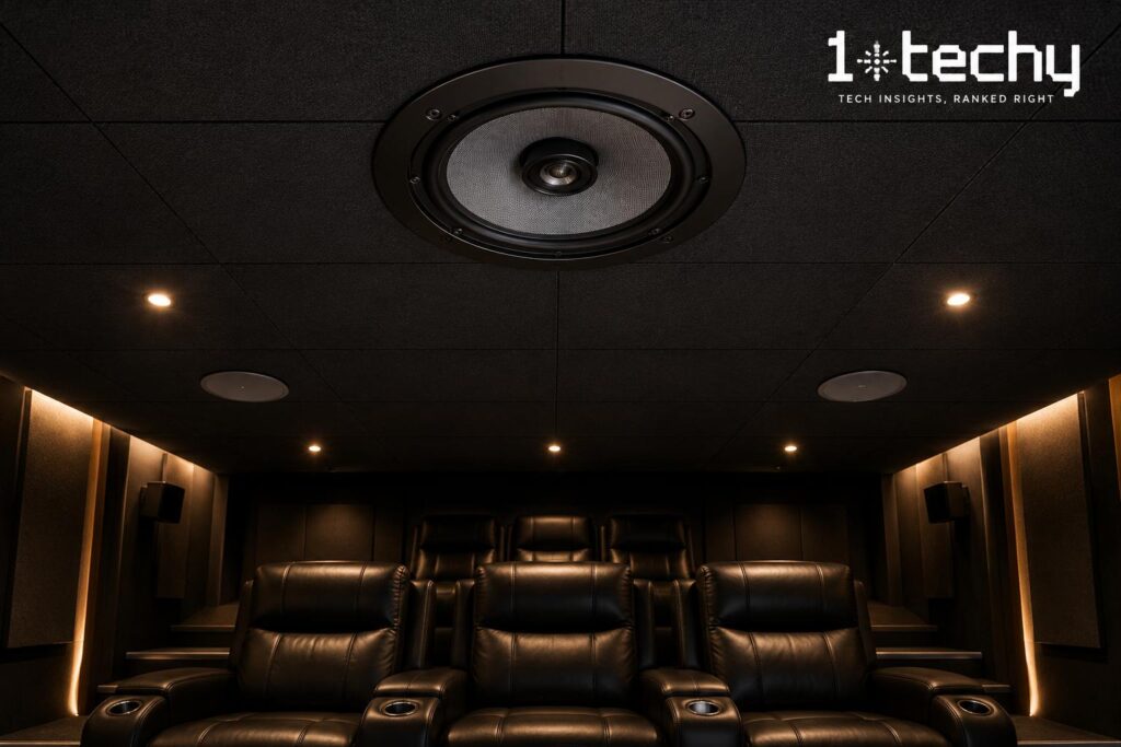 KEF Ci200RR-THX ceiling speaker with Uni-Q coaxial driver mounted in reference home theater black ceiling tile