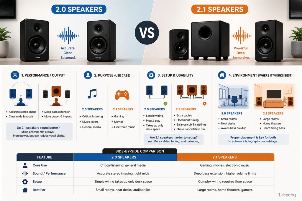 Key Differences 2.1 vs 2.0 Speakers illustration infographic