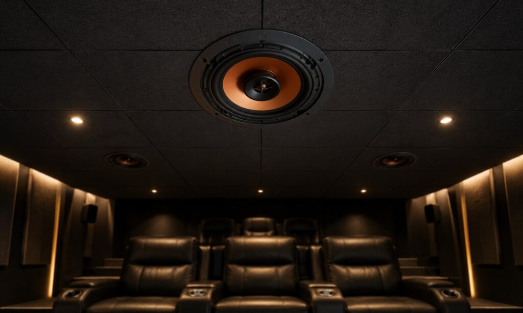 Klipsch CDT-5800-C II ceiling speaker with Tractrix horn visible, installed in dark home theater ceiling above leather seating