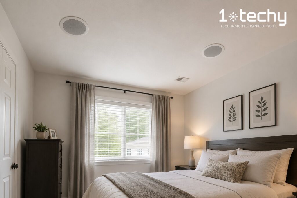 Micca M-8C budget ceiling speaker installed in small bedroom for entry-level Dolby Atmos height channel