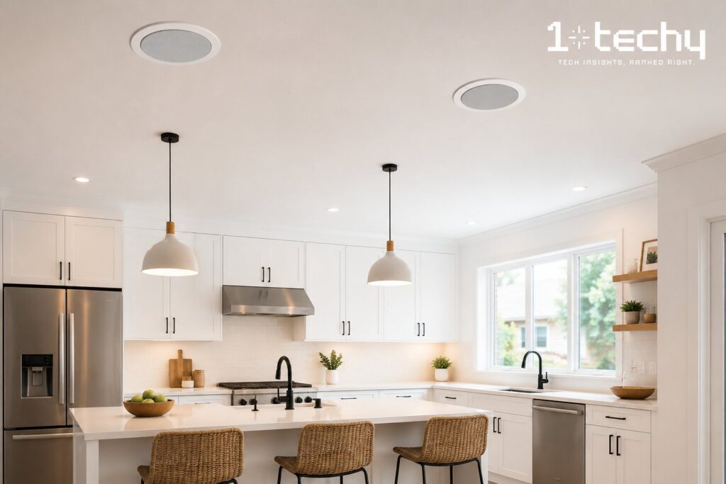 Polk Audio RC80i ceiling speaker installed in modern kitchen ceiling, white grille flush-mounted for whole-home distributed audio