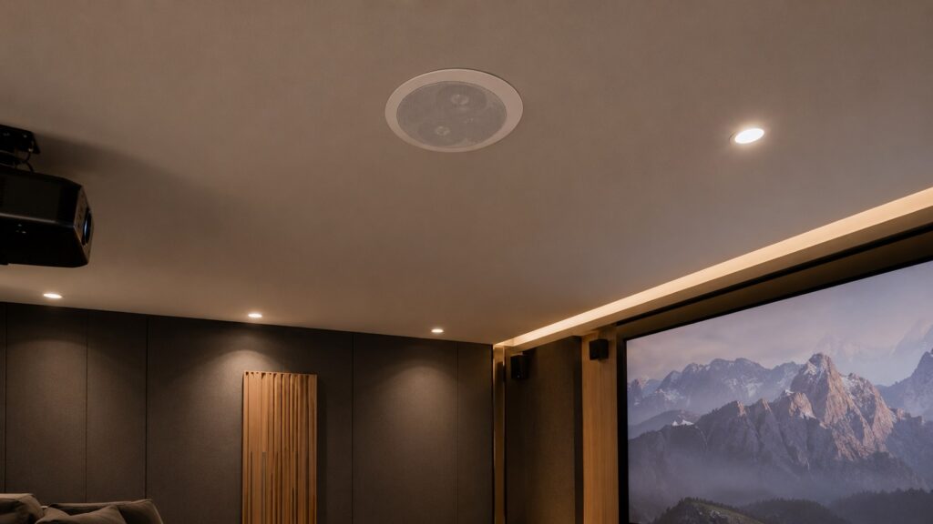 RSL C34E MKII ceiling speaker installed in home theater, angled MTM baffle visible, Dolby Atmos height channel position