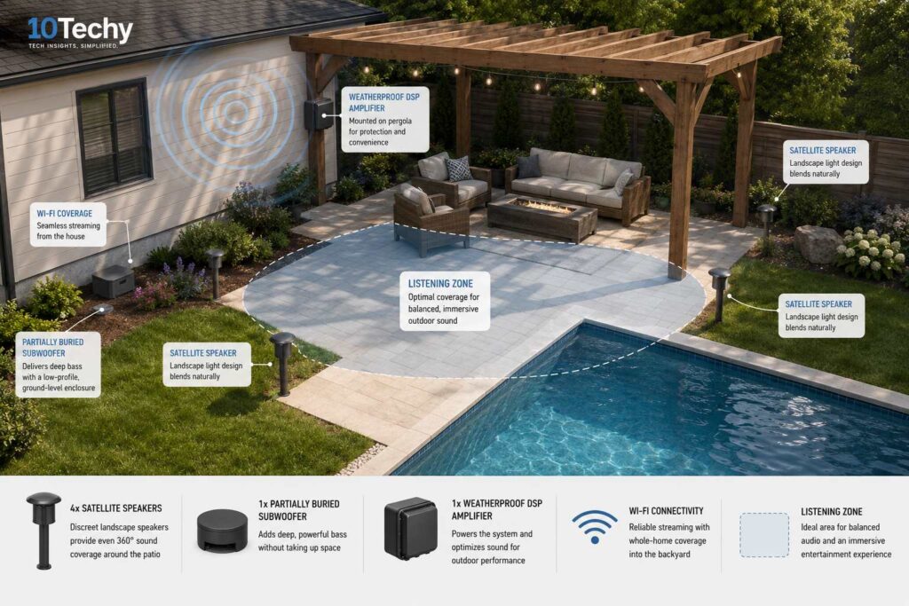 Modern backyard entertainment area with outdoor speakers, partially buried subwoofer, weatherproof DSP amplifier, patio lounge seating, swimming pool, and Wi-Fi coverage layout for whole-home outdoor audio.